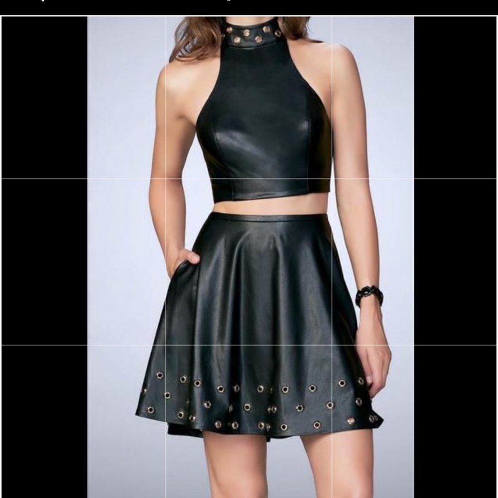 LaFemme 2pc Faux leather outfit. Flare  skirt mock neck Racerback top